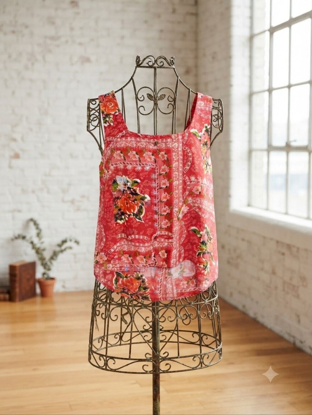 LC Lauren Conrad Coral Red Floral Square-Neck Camisole